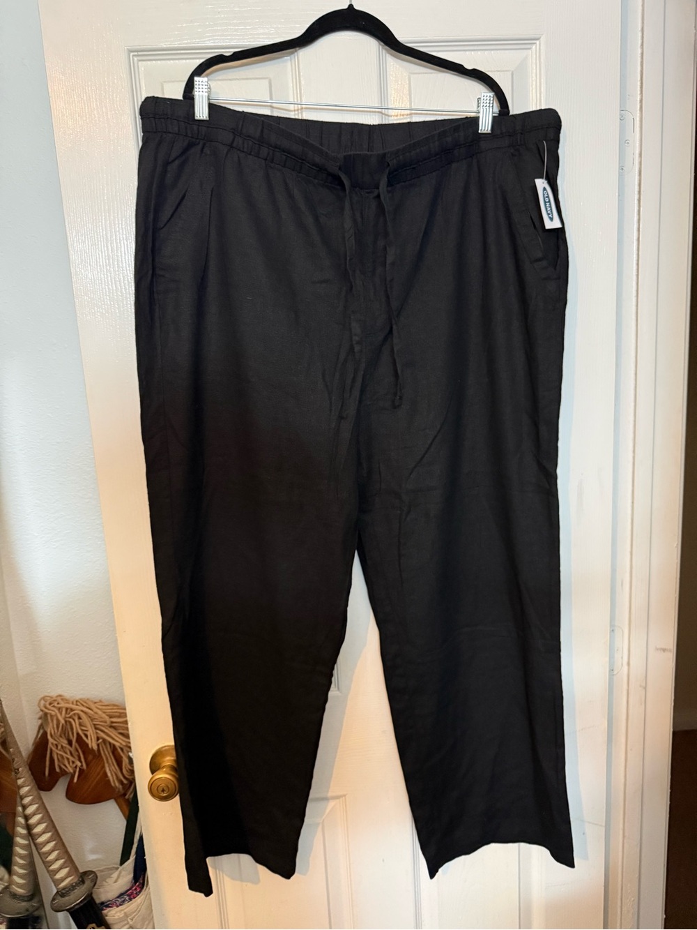 Black Drawstring Wide Leg Linen-Blend Pants